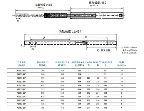 Heavy Duty 14 Inch Drawer Slides With Full Extension Side Mount Ball Bearings Telescoping Track System detailed dimensions and specifications chart.
