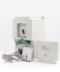 Back view of 4 KW 220V Inverter VFD Variable Frequency Drive H100 Model 0 To 1000 Hz showing internal wiring and panel access
