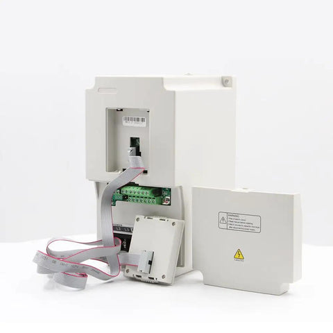 Back view of 4 KW 220V Inverter VFD Variable Frequency Drive H100 Model 0 To 1000 Hz showing internal wiring and panel access