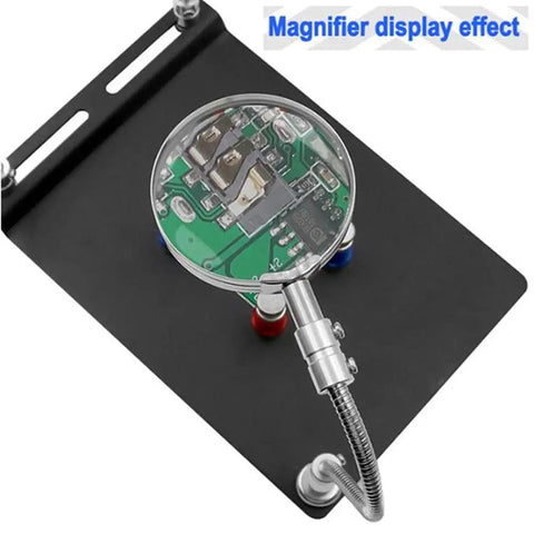 Pro Grade Three Arm Soldering Magnifier Tool With Flexible Gooseneck Arms, 3X Magnifying Glass on a circuit board, heavy duty base