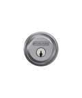 Keyed Deadbolt Lock For Home Entry With Exterior Key And Inside Turn Satin Chrome Finish High Security Residential Grade Fits Two Bore Holes Includes Lockset And Two Keys showing front view of lock cylinder