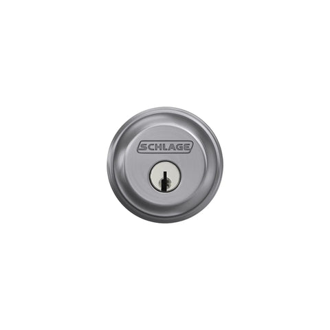 Keyed Deadbolt Lock For Home Entry With Exterior Key And Inside Turn Satin Chrome Finish High Security Residential Grade Fits Two Bore Holes Includes Lockset And Two Keys showing front view of lock cylinder