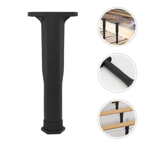 Four Piece Adjustable Furniture Leg Set For Beds And Dining Tables Heavy Duty Steel And Plastic Feet, shown in different angles.