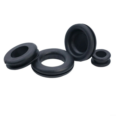 125 Piece Rubber Grommets Kit With Open And Closed Grommets And Storage Case For Cable And Wiring Projects, Automotive And Marine Electrical, DIY Home Improvement Gear For Quick, Clean Wire Runs. black rubber grommets arranged on white background