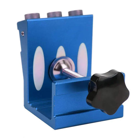 Straight Shooting Aluminum Pocket Hole Drill Guide Dead On Woodworking Jig And Compact Hole Punch Locator For Solid Furniture Assembly And Easy DIY Builds In Blue, showing adjustable clamp and precision design.