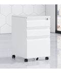 Steel Mobile Filing Cabinet With 3 Lockable Drawers Compact Under Desk Storage For Office Space Saving Organizer in white view