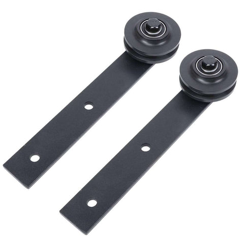 Carbon Steel Sliding Door Track Rail Pulley Wheel Roller Set 2 Pack For Kitchen Bedroom Wardrobe And Storage Room Doors With Smooth Low Noise Operation Quiet Glide Durable Lightweight Rails Easy Install Long Lasting Hardware, visible from above showing roller wheels and mounting holes.