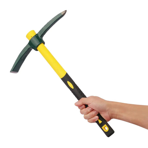 Hand holding Dual Head 15 Inch Garden Pickaxe And Mattock Weeding Hoe with forged steel head and ergonomic rubber handle