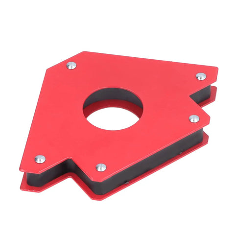 Heavy Duty 5 Inch Welding Magnetic Holder With Strong 75 Lbs Grip For Metal Fabrication Projects, red metal tool with angled design.