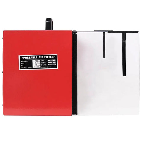 Lmaoss Heavy Duty Portable Tabletop Air Filtration System With 725 Cfm Powerful Dust Collection And Cleaning For Woodworking Shops showing red and white design with specs label.
