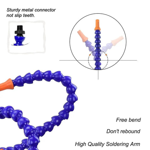 Close-up of Ultimate Soldering Helping Hands Clamp with sturdy metal connector and flexible blue soldering arm for electronics repair.
