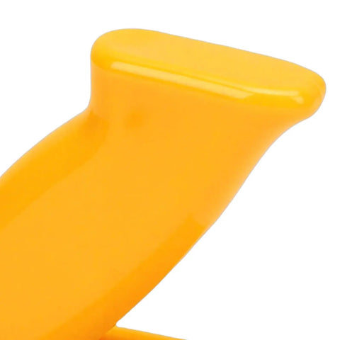 Close-up of the ergonomic yellow handle of Heavy Duty Woodworking Push Block Safety Push Stick With Non Slip Grip For Table Saw Router Jointer Shaper And Bandsaw Ergonomic Yellow Handle For Pro DIY Precision And Safe Material Control.