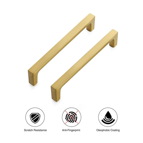 Solid Five Inch Square Cabinet Handles 10 Pack Brushed Brass Drawer Pulls for Kitchen Cabinets with scratch and fingerprint resistance