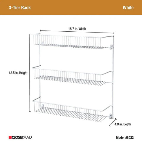 Top Shelf 3 Tier Wall Mounted Metal Rack For Kitchen Pantry Organization Keeps Your Space Slick With Rock Solid Storage For Cans Cleaners And Toiletries In A Clean White Build, measured 18.75W x 5D x 18.5H inches.