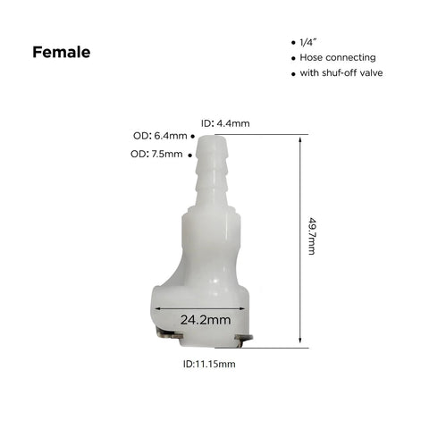 BBTUS plastic hose barb inline quick connector with shut-off valve, 1/4 in size, 1 male and 1 female ends