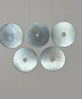 Top-down view of five zinc-plated Fender washers, 3/8 in inner hole, 3 in outer diameter, low-carbon steel.