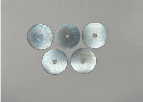 Top-down view of five zinc-plated Fender washers, 3/8 in inner hole, 3 in outer diameter, low-carbon steel.