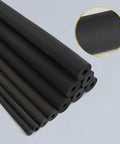 Stack of Pipe Insulation Foam Tubing One Inch Inner Diameter Six Feet Long Rubber Foam Insulation shown close up with texture detail.
