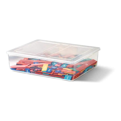 Plastic Double Sided Decimal And Fraction Tiles For Bar Model Math Practice, 15 Sets Of 51, stored in transparent plastic box.
