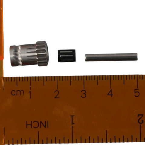 Needle Bearing Gear Set Upgrade for 3D Printers, Dual Drive Extruder Gears Kit with ruler, showing component sizes.