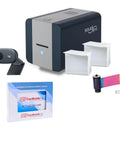 Solid 210 Single Sided ID Card Printer Bundle With Beginner Software HD Webcam Full Color Ribbon And 200 Cr80 Plastic ID Badges includes printer, webcam, ribbons, and badges.