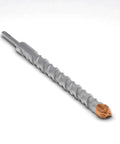 Side view of SDS-Plus rotary hammer drill bit, 1-3/8 in diameter, gray with orange carbide tip for concrete/masonry.