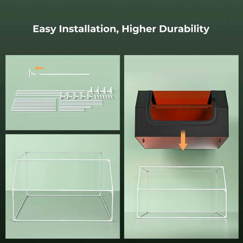 Creality laser engraver enclosure kit with metal frame parts and an orange interior protective cover, ready to assemble.