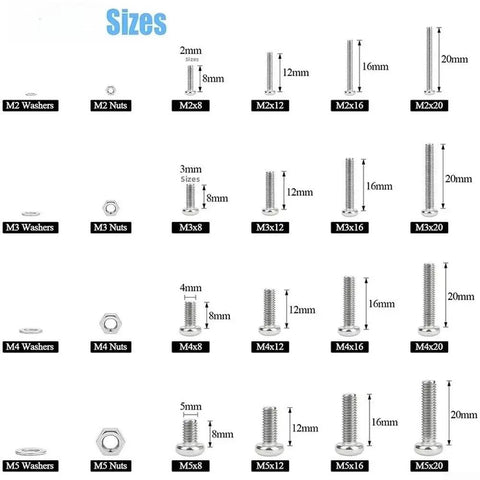 Hex Socket Bolt Kit 1220 Piece Set With Nuts, Washers And Tools In 304 Stainless Steel For Workshop Electronics Prototyping And Home Repairs showing M2-M5 sizes