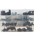 149 Piece Universal T Track and Jig Hardware Kit Featuring 1/4 Inch 20 TPI T Bolts in clear carry case with dividers.