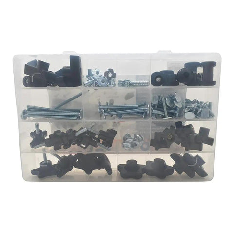 149 Piece Universal T Track and Jig Hardware Kit Featuring 1/4 Inch 20 TPI T Bolts in clear carry case with dividers.