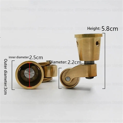 Heavy Duty Universal Caster Wheels For Furniture Cabinet With 360 Degree Swivel Solid Brass Anti Oxidation Finish Round Square Cup Base Roll Smooth Set Of Four Durable Moving Furniture Casters, dimensions shown.