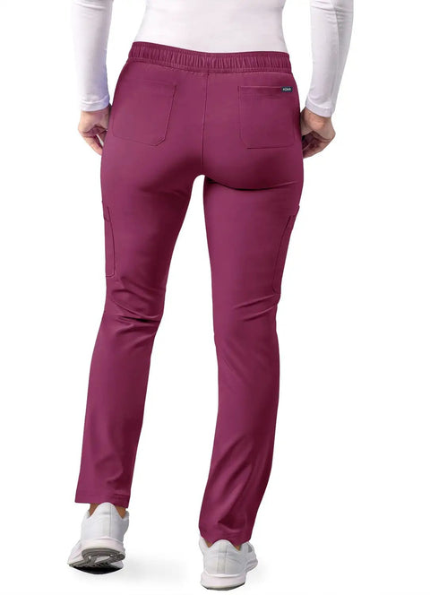 Back view of Snap Up These Super Comfy Women's Extended Drawstring Scrub Pants With Skinny Cargo Pockets in wine size large.