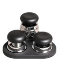 Ultimate Espresso Tamper Set For 58.4Mm Portafilters with black ergonomic handles and chrome bases on a black tray.