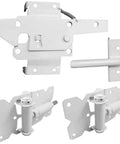 Heavy Duty White Self Closing Vinyl Fence Gate Hardware Kit with adjustable hinges and secure latch components.