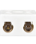Front view of a white 2-way porcelain ceramic terminal block with brass screw terminals