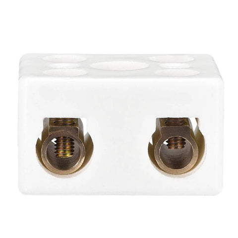 2-way ceramic terminal block, white porcelain, brass screw terminals, front view