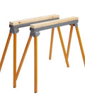 Pro Grade Folding Sawhorses Set Of 2 33 Inch Steel Construction Heavy Duty Work Stands with orange legs, side view.