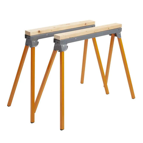 Pro Grade Folding Sawhorses Set Of 2 33 Inch Steel Construction Heavy Duty Work Stands with orange legs, side view.