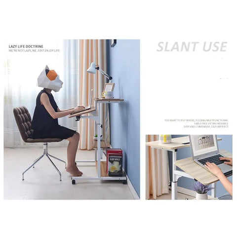 Hella Convenient Height Adjustable Overbed Table And Smooth Rolling Mobile Laptop Desk With Rock Solid Frame Sit To Stand Cart For Sofa Or Bed Side Ergonomic Computer Workstation For Home Office in use with user at desk.