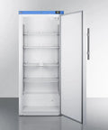 Commercial Upright Freezer 18 Cu Ft Left Handed Door Swing White Shell with empty shelves for large cold storage.