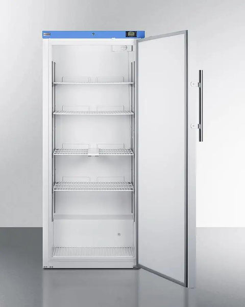 Commercial Upright Freezer 18 Cu Ft Left Handed Door Swing White Shell with empty shelves for large cold storage.