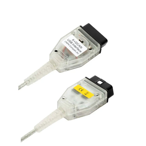K Can USB Diagnostic Cable With Switch For BMW E Chassis 1998 To 2019, FT232RL interface visible, clear plastic casing