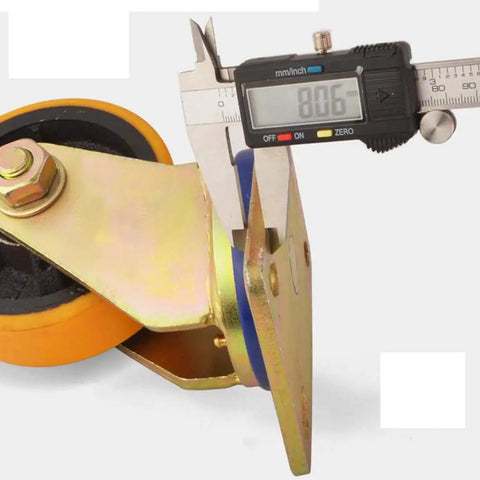 Top Shelf Heavy Duty Cast Iron Caster Wheels With Firm Locking Brakes Industrial Grade Rollers shown with measurement tool.