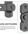 Close-up of Two Pack Barn Door Lock Set With 180 Degree Flip Sliding Latches in black alloy steel showing durability details.