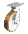 Top Shelf Five Inch Polyurethane Swivel Kingpinless Plate Caster With A Hardcore 990 Pound Load Rating And Rock Solid Cast Iron Core mounted on a flat surface.