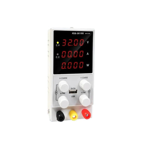 Adjustable DC Power Supply 0 To 30V 0 To 10A With Rock Solid Output And Low Ripple Built In Overvoltage Overcurrent Short Circuit And Overheat Protections Durable Case With Heat Dissipation Vents For Safe Lab Or DIY Projects. Front view of bench DC power supply with digital display and knobs