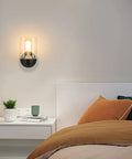 Matte Black Metal Wall Sconces With Clear Glass Shades Two Pack Modern Bathroom Vanity Lights Brushed Brass Finish Easy Mount Wall Light Fixtures For Bath And Hallway next to bed