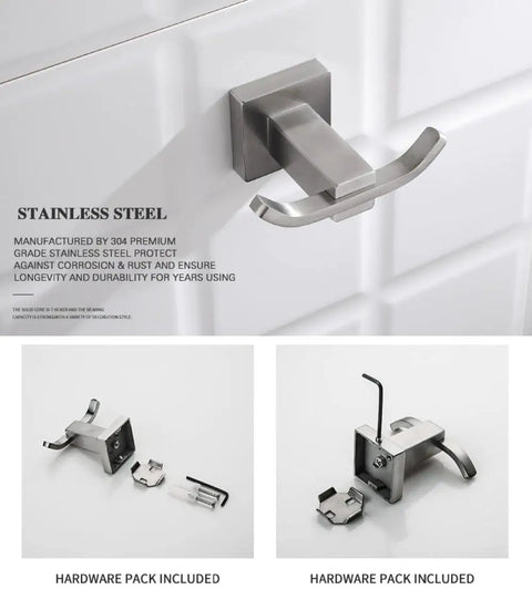 Slick Brushed Stainless Steel Double Robe Hooks With No Hassle Wall Mount For Bathroom And Shower Beefy Coat And Hat Hangers Modern Compact Design quick install hardware pack included.