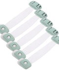 Set of five childproof cabinet locks and safety straps for drawers and fridge doors with double press buckles and 360 degree rotation.