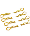 Top Tier Stainless Steel R Clip Pins For 1/10 And 1/12 Scale Rc Car Body Shell Mounting Kit In Vibrant Yellow, pack of eight clips laid out.